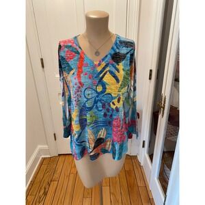 Jess & Jane Womens Blue Abstract Tropical Floral V-Neck Top Made in USA Size M